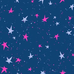 Puede incluir: Patrón sin costuras con fondo azul oscuro y estrellas rosas y moradas dispersas. Salpicaduras de pintura blancas y rosas añaden textura. Adecuado para textiles, papel pintado y otras aplicaciones.