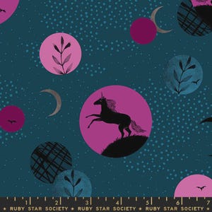 Crescent | Unicorns | Cotton + Steel | OOP | Dark Teal | Pink | Unbleached | HTF | Sewing | Fabric | Fat quarter | Yardage