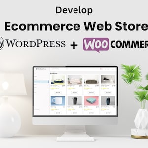 Op de afbeelding: Een computerscherm waarop een online winkel wordt weergegeven met een verscheidenheid aan producten, waaronder een bank, een koffiemok en een decoratieve doos. De winkel wordt aangedreven door WordPress en WooCommerce. De tekst "Online Shop" en "Producten" is zichtbaar op het scherm.