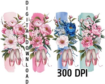 Pink Ballet Shoes & Flowers Clipart, Ballerina PNG (Digital Download)