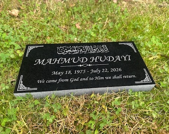 Muslim Memorial Black Granite Stone, Personalized Garden Indoor Outdoor Heart Yard Grave Engraved Black Granite Headstone