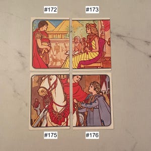 May include: Four vintage trading cards featuring illustrations of historical figures. The cards are divided into quadrants, each depicting a different scene with figures in period clothing. The cards are numbered #172, #173, #175, and #176.