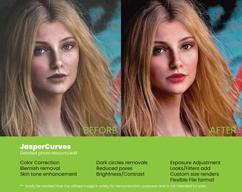May include: Before and after photo retouching. The before image shows a woman with visible blemishes and dark circles under her eyes. The after image shows the same woman with a flawless complexion, reduced pores, and brighter skin tone. The text "JasperCurves" is displayed above the images, along with a list of retouching services offered, including color correction, blemish removal, skin tone enhancement, dark circles removal, reduced pores, brightness and contrast, exposure adjustment, looks and filters, custom size renders, and flexible file format.