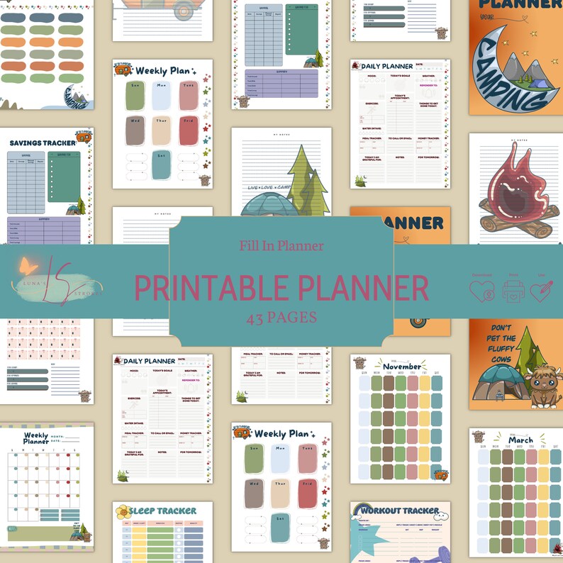 Camping Kawaii Printable Planner, Digital Download, Instant Download ...