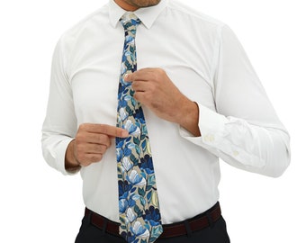 Blue and Grey Floral Print Necktie