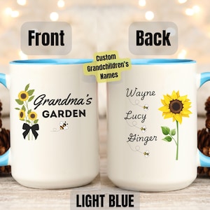 Custom Grandma Mug, Personalized Grandma Mug, Grandma&#39;s Garden Mug, Gift for Grandma, Grandkids Name Mug, Grandma Birthday Gift, Sunflower
