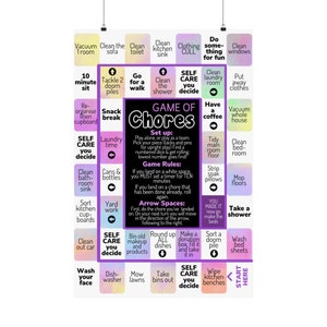 May include: A colourful game board with a pink and purple theme. The board features a game of chores with squares that include tasks like cleaning the bathroom, doing laundry, and taking out the bins. The game is called "Game of Chores".