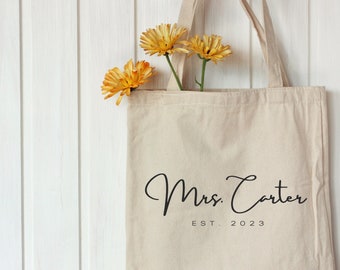 Custom Mrs. Last Name Canvas Tote Bag, Bridal Shower Gift