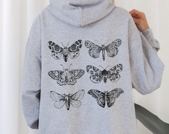 Y2K Moth Graphic Zip-Up Hoodie: Grunge