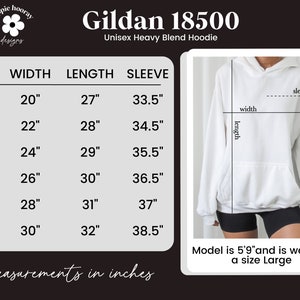 May include: Size chart for a Gildan 18500 Unisex Heavy Blend Hoodie. The chart shows the size, width, length, and sleeve length in inches for sizes S through 3XL. A white hoodie is shown on a model.