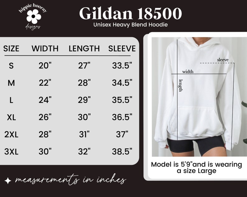 May include: Size chart for a Gildan 18500 Unisex Heavy Blend Hoodie. The chart shows the size, width, length, and sleeve length in inches for sizes S through 3XL. A white hoodie is shown on a model.