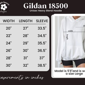 May include: Size chart for a Gildan 18500 Unisex Heavy Blend Hoodie. The chart shows the size, width, length, and sleeve length in inches for sizes S through 3XL. A white hoodie is shown on a model.