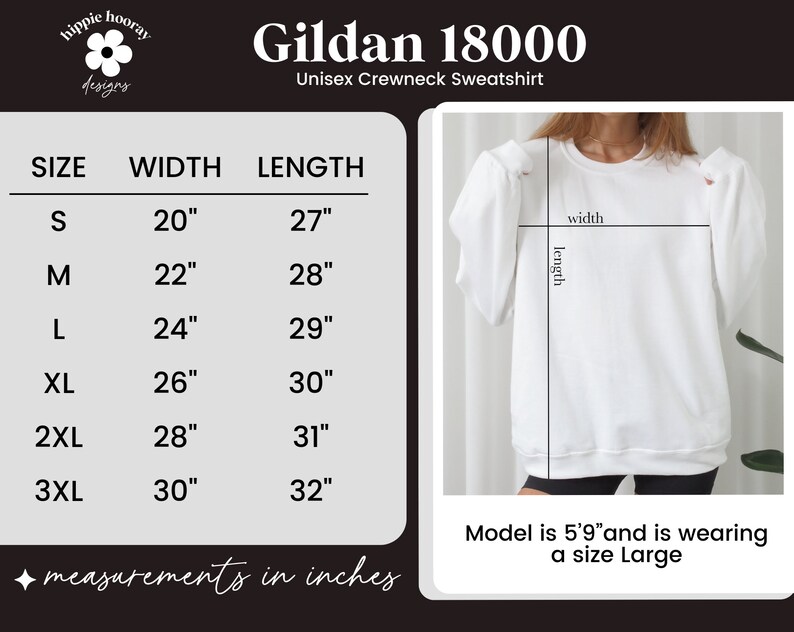 May include: Size chart for a Gildan 18000 unisex crewneck sweatshirt. The chart shows the width and length measurements in inches for sizes S, M, L, XL, 2XL, and 3XL. A model is wearing a size Large.