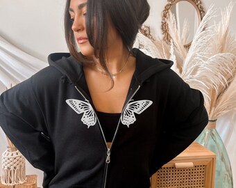 【NONCODE】(Unisex) Eopyu Washing Butterfly Sweatshirt SheIn Women's Butterfly Print Hoodie Long Sleeve Drawstring