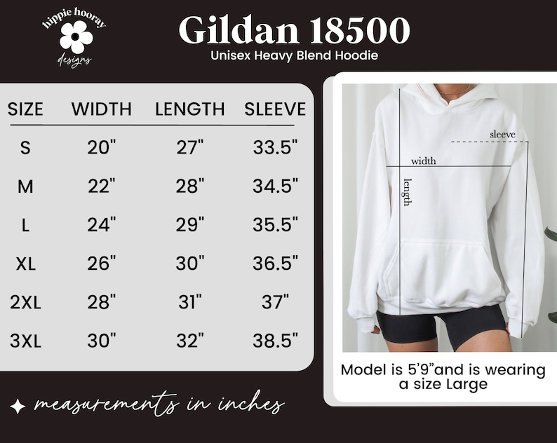 Op de afbeelding: Maattabel voor een Gildan 18500 Unisex Heavy Blend Hoodie. De tabel toont de maat, breedte, lengte en mouwlengte in inches voor maten S tot en met 3XL. Een witte hoodie is te zien op een model.