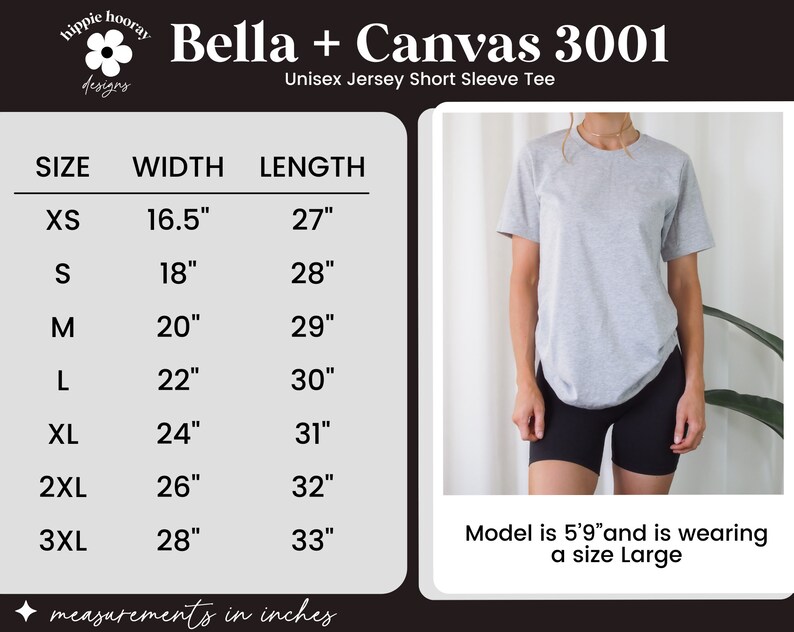 K&ouml;nnte beinhalten: Gr&ouml;&szlig;entabelle f&uuml;r ein Unisex-Jersey-T-Shirt mit kurzen &Auml;rmeln, Bella + Canvas 3001. Die Tabelle zeigt die Gr&ouml;&szlig;en XS bis 3XL mit den entsprechenden Breiten- und L&auml;ngenma&szlig;en in Zoll. Ein Model tr&auml;gt Gr&ouml;&szlig;e L.