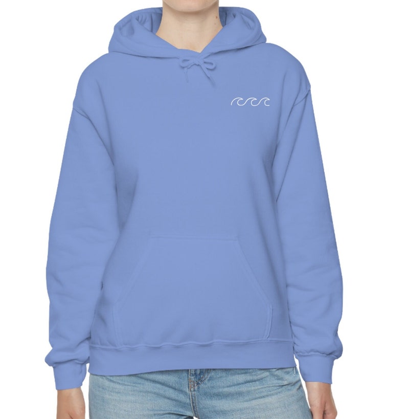 May include: A light blue hooded sweatshirt with a white wave design on the front.