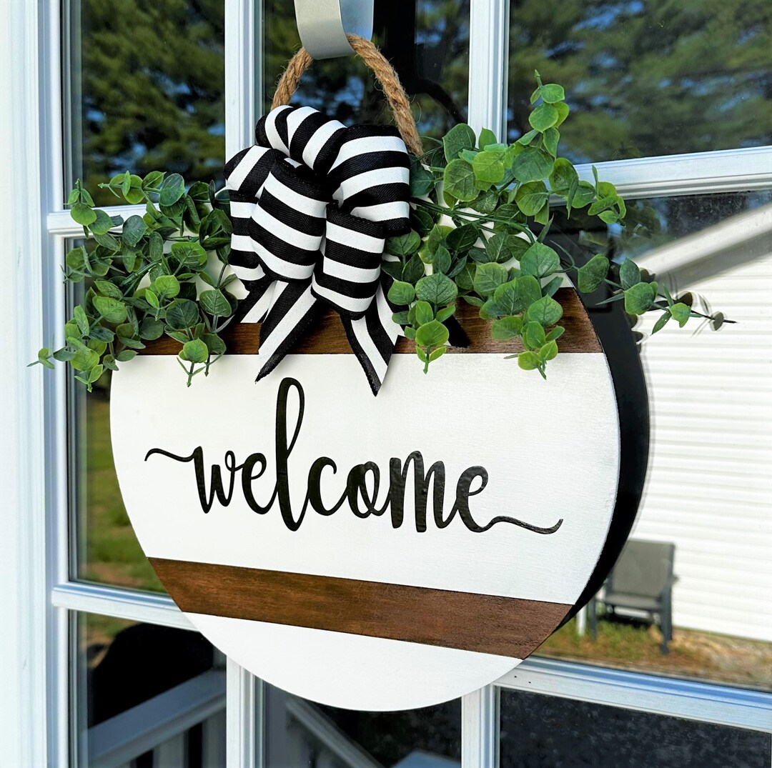 Spring White Welcome Door Hanger | Welcome Wooden Sign | Year Round ...