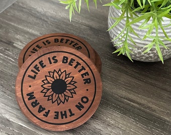 Sunflower Coasters Life Is Better On The Farm Rustic Coasters Wooden Coasters Sunflower Coaster Set Farm Wood Coasters Round Wood Coasters