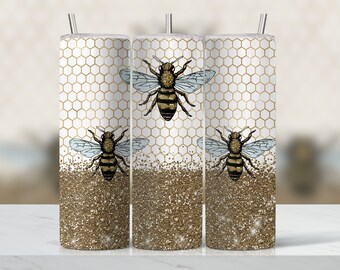 Bumble Bee 20 oz Skinny Tumbler Sublimation Design Template | Glitter Design Digital Download PNG Instant | golden glitter bee tumbler wrap