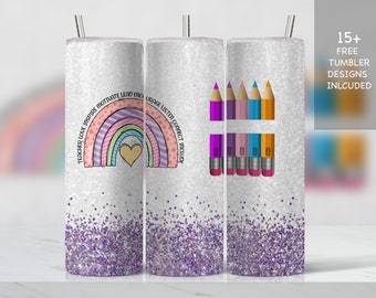 Teacher life Tumbler Design | purple glitter, pencil quote 20oz Skinny Tumbler Wrap Designs Template PNG for sublimation