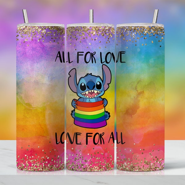 LGBT Tumbler, All for love, love for all Stitch lgbt flag 20 oz skinny tumbler digital download for sublimation | tumbler wrap png template