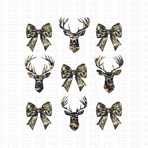 May include: Nine digital illustrations of a camouflage bow and a deer head with antlers. The bow and deer head are in a camouflage pattern of green, brown, and black.