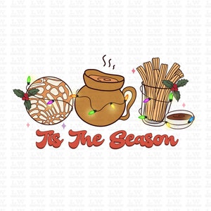 May include: A festive illustration of a brown clay pot with a lid, a traditional Mexican sweet bread, churros, and a bowl of chocolate sauce. The illustration is decorated with colorful Christmas lights and the text "Tis The Season".