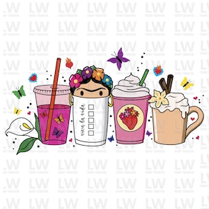 May include: Three colorful cups with lids, a pink cup with a heart and flowers, a white cup with the text "viva la vida" and a brown cup with whipped cream and a flower. The cups are surrounded by butterflies and hearts.