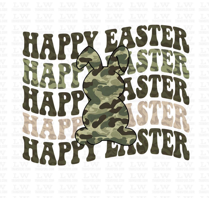 Happy Easter Camo Bunny, Easter DTF Transfer, Easter Bunny Camouflage, Boy Girl Easter Rabbit Print, DTF Ready for Press, Hunting, EA105 image 1