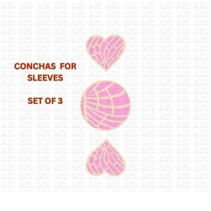 May include: Set of three pink and beige concha cookie stencils for sleeves. The stencils are shaped like a heart and a circle.