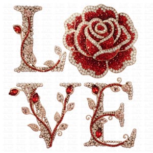 May include: An arrangement spelling "LOVE" with rhinestone-studded letters and a large, sparkling red rose. The letters and rose are embellished with clear and red crystals, and the letters have a vine-like design.