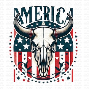 America Cow Skull, 4th of July Flag DTF Transfer Ready to Press,  Retro Patriotic American Flag, USA, Distressed Independence Day, #4th74
