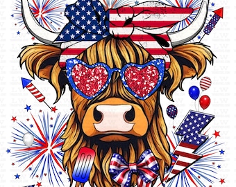 4th of July Highland Cow DTF Transfer, Patriotic Cow DTF, American Flag western Transfer Ready to Press, USA Retro Independence Day, 4th47
