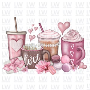 Valentines Lattes Sublimation Transfers Ready To Press, Pink Coffee Lattes Sublimation Transfer, Custom Sublimation Prints #2302