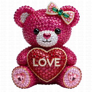 May include: A pink jeweled teddy bear figurine holding a heart with the word "LOVE". The bear has a bow with green and pink gems. The bear's eyes are black, and the nose is white with a pink heart.