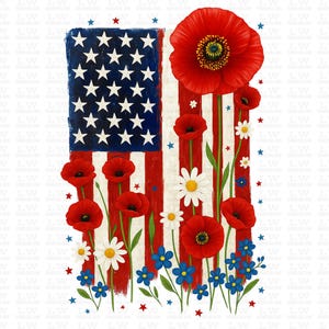 American Flag Floral, 4th of July, DTF Transfer Ready to Press, Cute Patriotic American Flag, Red White Blue, Independence Day, #4th81