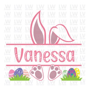 May include: A pink and white Easter-themed graphic with the name "Vanessa" in a decorative font. The design includes bunny ears, paw prints, Easter eggs, and grass, perfect for personalized crafts and gifts.