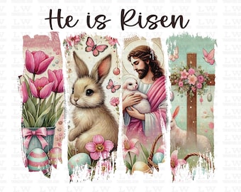 He Is Risen, Easter DTF Transfer, Christian Faith-Based Easter Print, Ready for Press, Direct To Film, Cute Baby Sheep, Bunny, My Lord, EA94