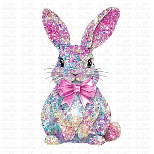 May include: A sparkly pink and blue glitter bunny with a pink bow. The bunny is sitting on a white background.