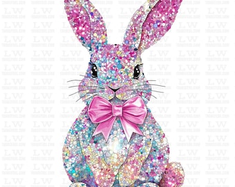 Faux Glitter Rabbit Easter DTF Transfer, Faux Sequin Easter Bunny Print, Coquette Pink Bow Rabbit DTF, Cute Bunny Sublimation Pink Bow ET129