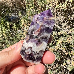 Chevron Amethyst Crystal Tower Anxiety Relief, February Birthstone Gift, Pices Zodiac Decor, Healing Crystal Point