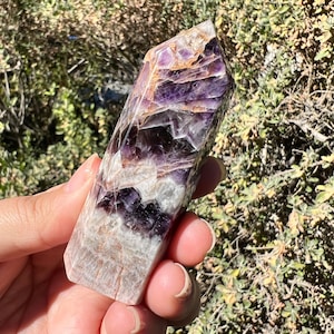 Chevron Amethyst Crystal Tower Anxiety Relief, February Birthstone Gift, Pices Zodiac Decor, Healing Crystal Point