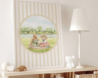 Impression d'art aquarelle lapin pique-nique : décoration de chambre d'enfant vintage (téléchargement numérique)