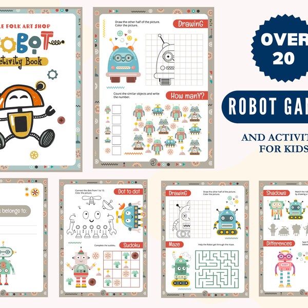 Robotactiviteitenboek voor kinderen, afdrukbare robotspellen, voorschoolse leeractiviteiten, gratis robotposter, robotfeestje, digitale download