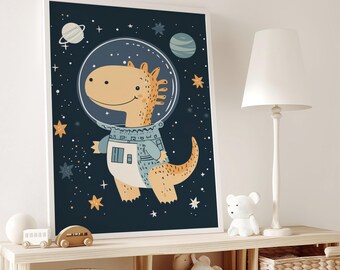 Dinosaur Astronaut Outer Space Nursery Art Print (Digital Download)