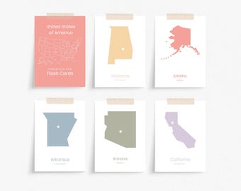 May include: Set of six printable flash cards featuring the outlines of six US states: Alabama, Alaska, Arkansas, Arizona, California, and the United States. Each state is a different color and has a white star in the center. The cards are labeled with the state name and have a white background.