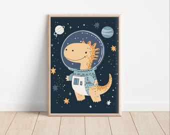Dinosaur Astronaut Outer Space Nursery Art Print (Digital Download)