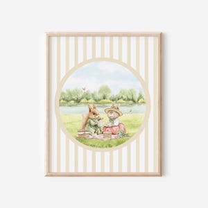 Vintage Bunnies Nursery Printable Wall Art Pastel Green Beige Cottagecore Decor Beatrix Potter Animal Picnic Inspired Digital Print