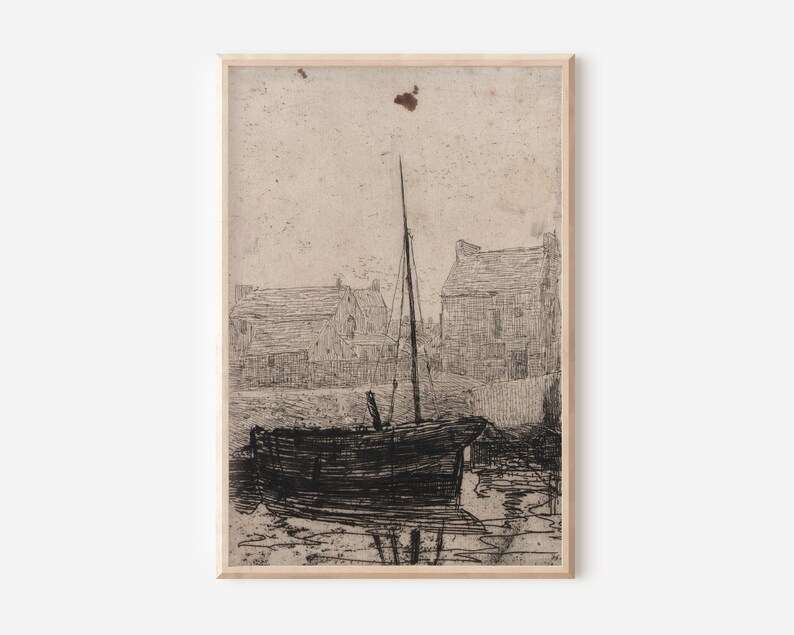 Puede incluir: Un dibujo en blanco y negro de un barco atracado frente a un edificio. El barco est&aacute; en primer plano y el edificio en el fondo. El dibujo est&aacute; sobre un fondo beige.